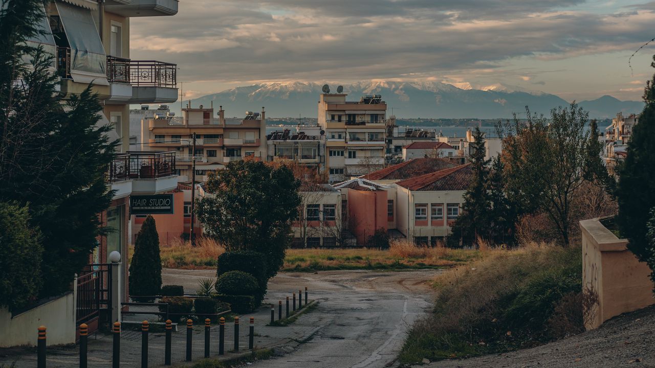 Wallpaper buildings, houses, road, mountains, city