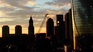 Preview wallpaper buildings, houses, silhouettes, evening, city