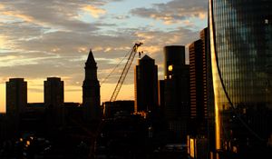 Preview wallpaper buildings, houses, silhouettes, evening, city