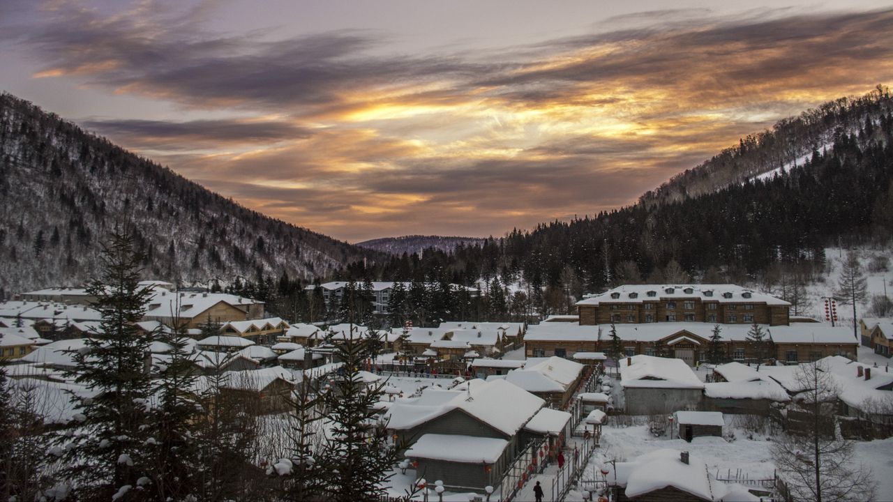 Wallpaper buildings, houses, snow, mountains, landscape