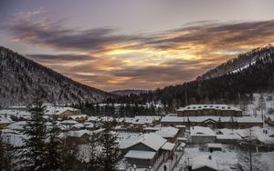 Preview wallpaper buildings, houses, snow, mountains, landscape