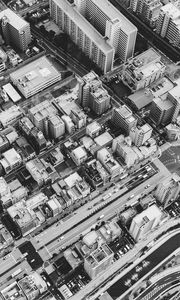 Preview wallpaper buildings, houses, streets, roads, aerial view, black and white