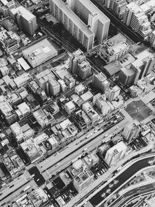 Preview wallpaper buildings, houses, streets, roads, aerial view, black and white