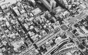 Preview wallpaper buildings, houses, streets, roads, aerial view, black and white