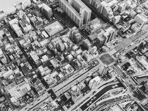 Preview wallpaper buildings, houses, streets, roads, aerial view, black and white