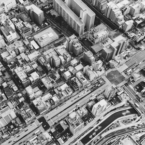 Preview wallpaper buildings, houses, streets, roads, aerial view, black and white