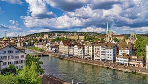 Preview wallpaper buildings, houses, tower, canal, zurich, germany