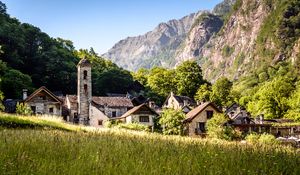 Preview wallpaper buildings, houses, tower, grass, trees, nature