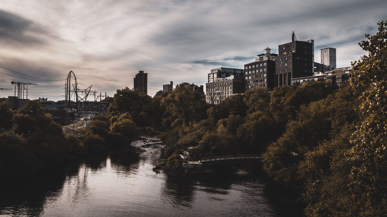 Wallpaper buildings, houses, trees, river, city