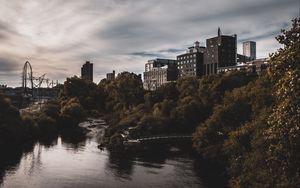 Preview wallpaper buildings, houses, trees, river, city