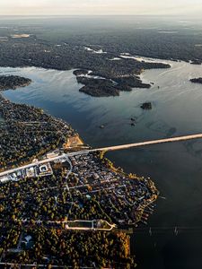 Preview wallpaper buildings, islands, bridge, river, aerial view, city