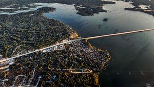 Preview wallpaper buildings, islands, bridge, river, aerial view, city