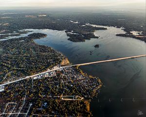 Preview wallpaper buildings, islands, bridge, river, aerial view, city