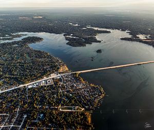 Preview wallpaper buildings, islands, bridge, river, aerial view, city