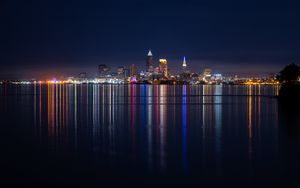 Preview wallpaper buildings, lake, lights, reflection, night, city