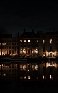Preview wallpaper buildings, light, water, reflection, night, dark