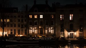 Preview wallpaper buildings, light, water, reflection, night, dark