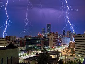 Preview wallpaper buildings, lightning, city, night, lights