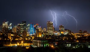Preview wallpaper buildings, lightning, night city, lights
