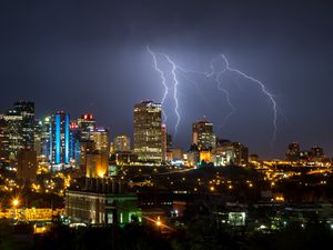 Preview wallpaper buildings, lightning, night city, lights