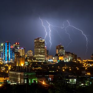 Preview wallpaper buildings, lightning, night city, lights