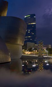 Preview wallpaper buildings, lights, architecture, evening, fog