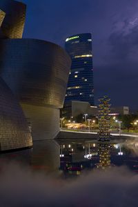 Preview wallpaper buildings, lights, architecture, evening, fog