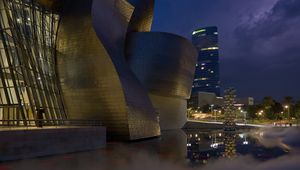 Preview wallpaper buildings, lights, architecture, evening, fog