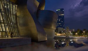 Preview wallpaper buildings, lights, architecture, evening, fog