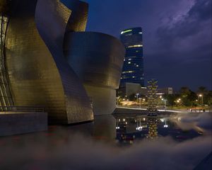 Preview wallpaper buildings, lights, architecture, evening, fog