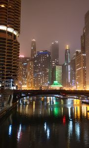 Preview wallpaper buildings, lights, bridge, river, reflection, night, city