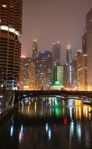 Preview wallpaper buildings, lights, bridge, river, reflection, night, city
