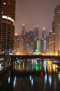 Preview wallpaper buildings, lights, bridge, river, reflection, night, city