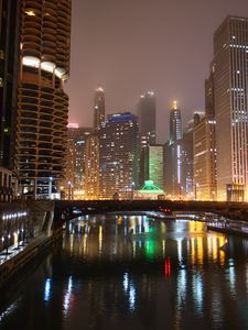 Preview wallpaper buildings, lights, bridge, river, reflection, night, city