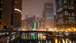 Preview wallpaper buildings, lights, bridge, river, reflection, night, city