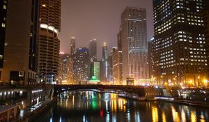 Preview wallpaper buildings, lights, bridge, river, reflection, night, city