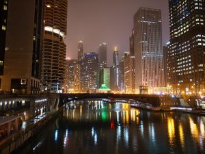 Preview wallpaper buildings, lights, bridge, river, reflection, night, city