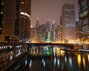 Preview wallpaper buildings, lights, bridge, river, reflection, night, city