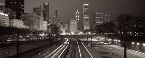 Preview wallpaper buildings, lights, city, rails, night, black and white