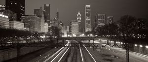 Preview wallpaper buildings, lights, city, rails, night, black and white