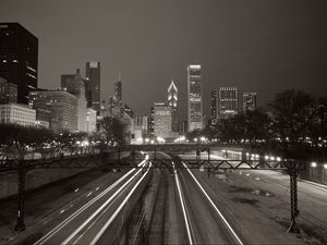 Preview wallpaper buildings, lights, city, rails, night, black and white