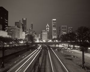 Preview wallpaper buildings, lights, city, rails, night, black and white