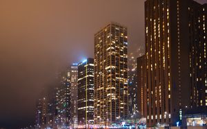 Preview wallpaper buildings, lights, fog, night, city