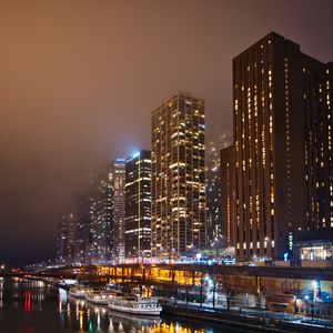 Preview wallpaper buildings, lights, fog, night, city