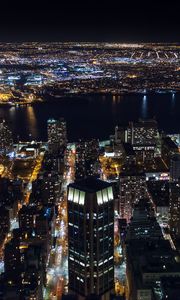 Preview wallpaper buildings, lights, glow, river, night, city