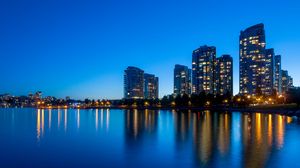 Preview wallpaper buildings, lights, lake, trees, twilight