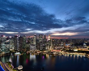 Preview wallpaper buildings, lights, lake, city, evening