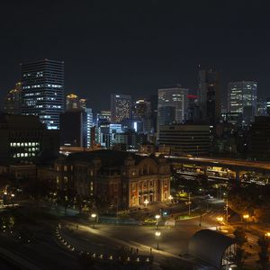 Preview wallpaper buildings, lights, lanterns, road, night, city