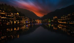 Preview wallpaper buildings, lights, reflection, river, night, dark
