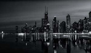Preview wallpaper buildings, lights, reflection, sea, black and white, city